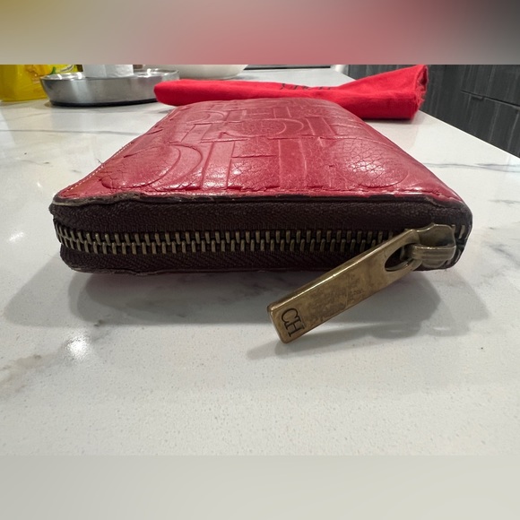 CAROLINA HERRERA Red Monogram Embossed Leather Zipper Continental Wallet - Picture 8 of 14